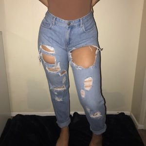 Light High-Waisted Distressed Boyfriend Jeans